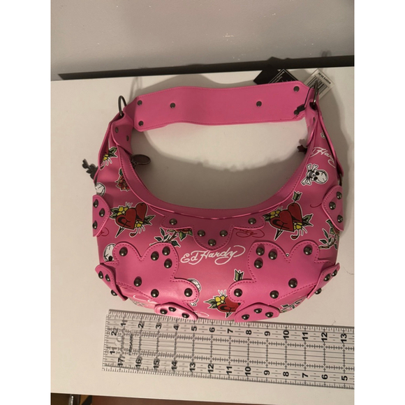 Ed Hardy Candy Pink Skulls Hearts & Roses Small Studded Hobo Shoulder bag charms - Picture 8 of 10
